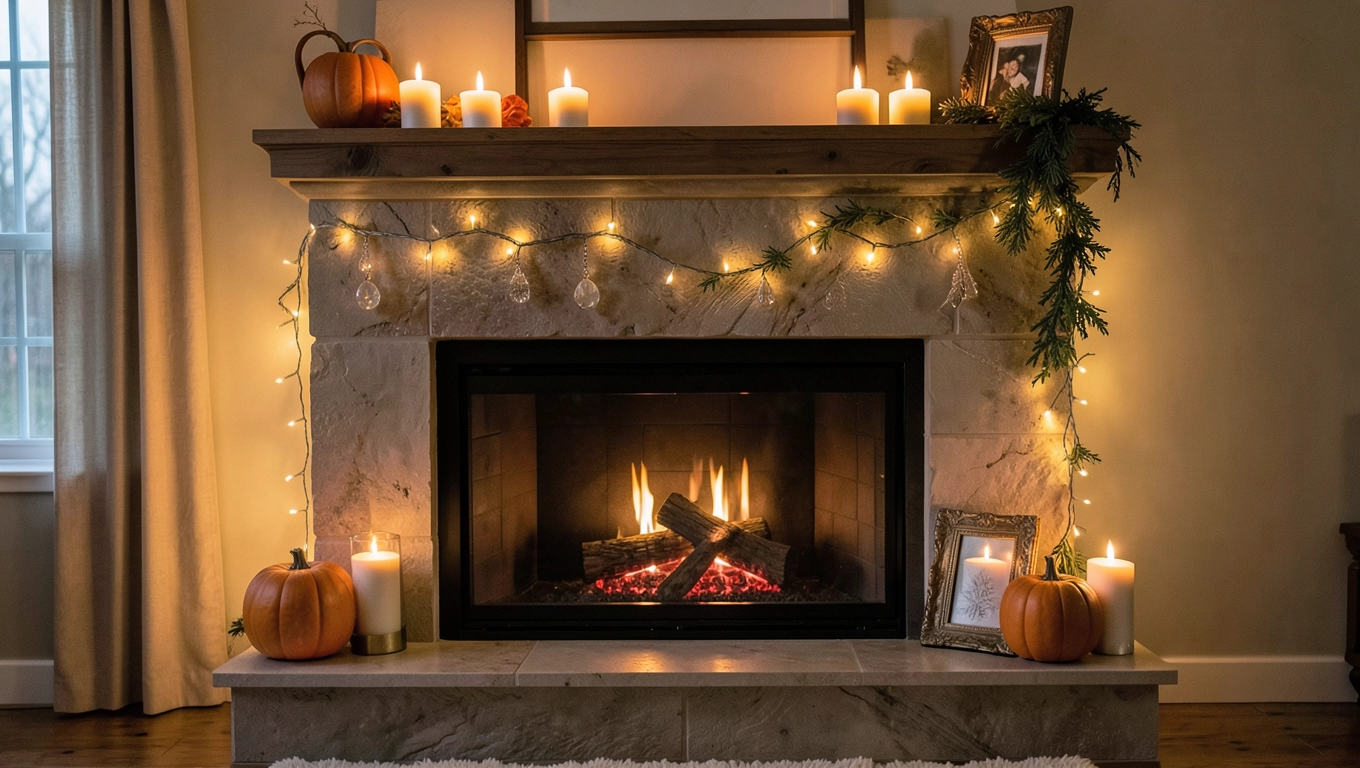 Dekoracje wokół kominka elektrycznego w salonie