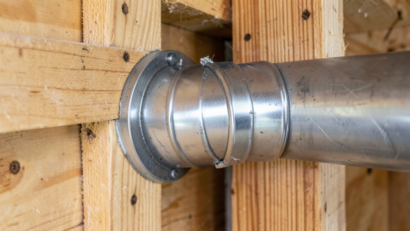 Przejście komina stalowego przez ścianę drewnianą