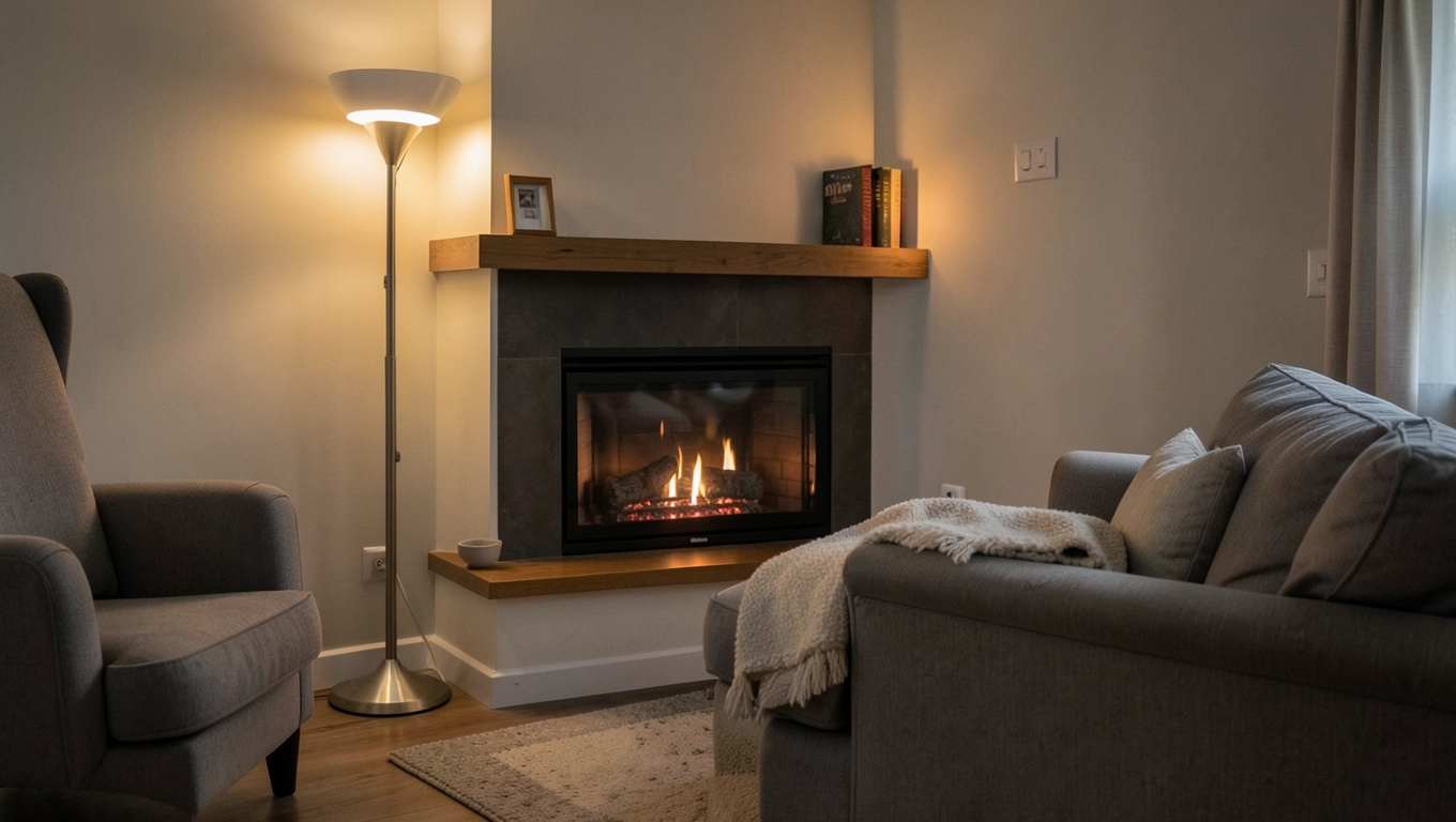 Salon z narożnym kominkiem elektrycznym