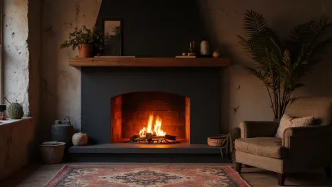 Czarny kominek w salonie
