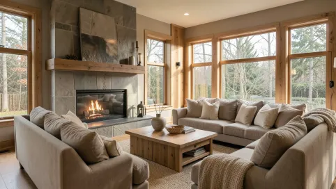 Salon z kominkiem narożnym inspiracje