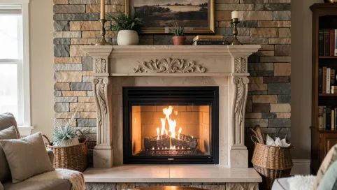 Ściana z kominkiem w salonie